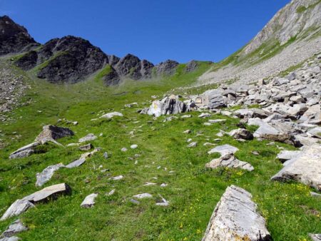 Sentiero in salita nel Vallon d'Arp, verso il Col d'Arp (2571 m).